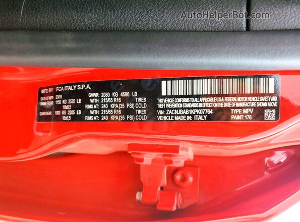 ZACNJBAB1KPK07764 2019 JEEP RENEGADE Red Widok naklejki z numerem VIN