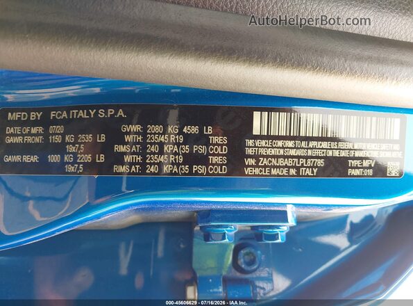 ZACNJBAB7LPL87785 2020 JEEP RENEGADE Blue Շարժիչի բաժամունքի տեսք