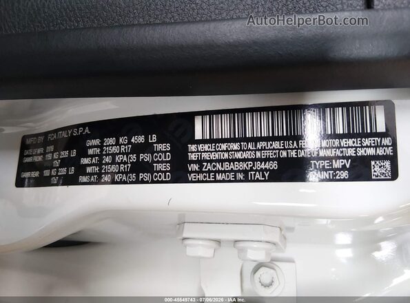 ZACNJBAB8KPJ84466 2019 JEEP RENEGADE White Widok komory silnika