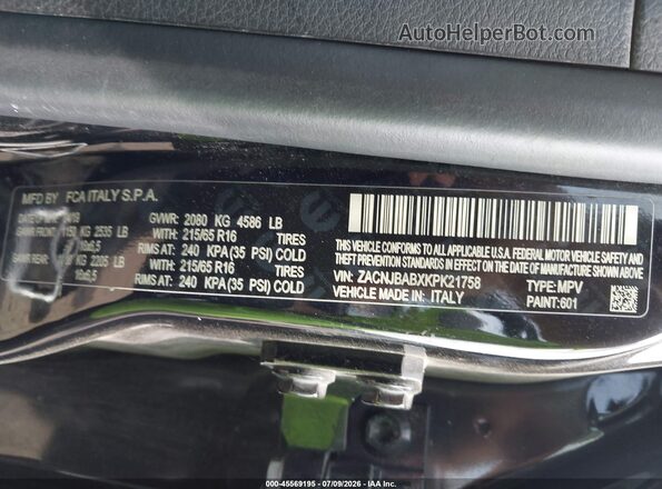 ZACNJBABXKPK21758 2019 JEEP RENEGADE Black ძრავის განყოფილების ხედი