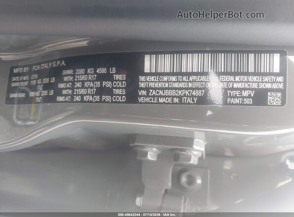 ZACNJBBB2KPK74887 2019 JEEP RENEGADE Gray Շարժիչի բաժամունքի տեսք
