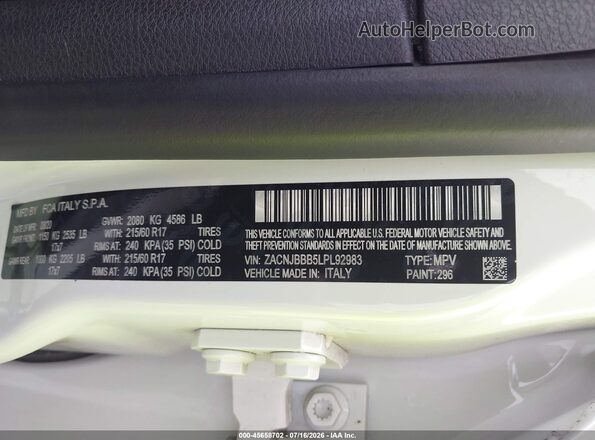 ZACNJBBB5LPL92983 2020 JEEP RENEGADE White Вид підкапотного простору