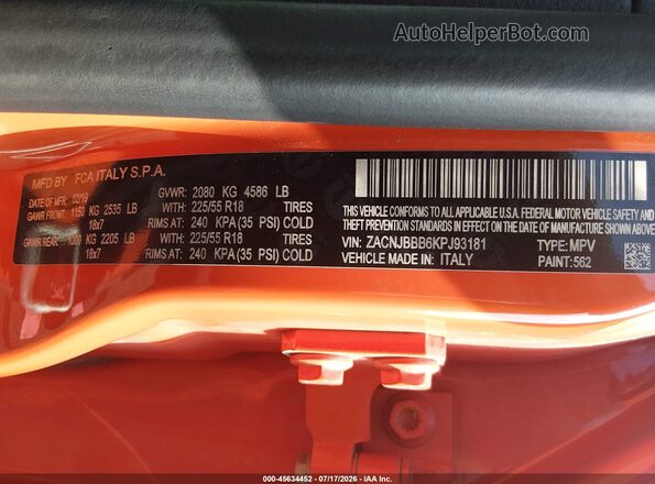ZACNJBBB6KPJ93181 2019 JEEP RENEGADE Orange Widok komory silnika