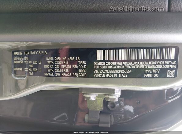 ZACNJBBB9KPK50554 2019 JEEP RENEGADE Gray Vista del compartimento del motor