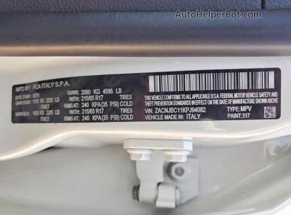 ZACNJBC11KPJ94082 2019 JEEP RENEGADE White VIN sticker view