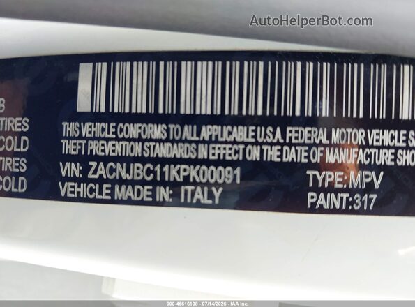 ZACNJBC11KPK00091 2019 JEEP RENEGADE White Вид підкапотного простору