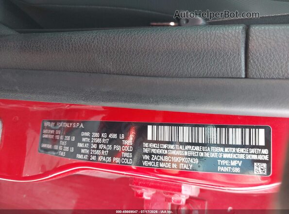 ZACNJBC16KPK07439 2019 JEEP RENEGADE Red ძრავის განყოფილების ხედი
