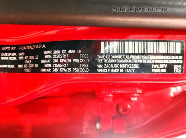 ZACNJBC16KPK22202 2019 JEEP RENEGADE Red VIN კოდის სტიკერის ხედი