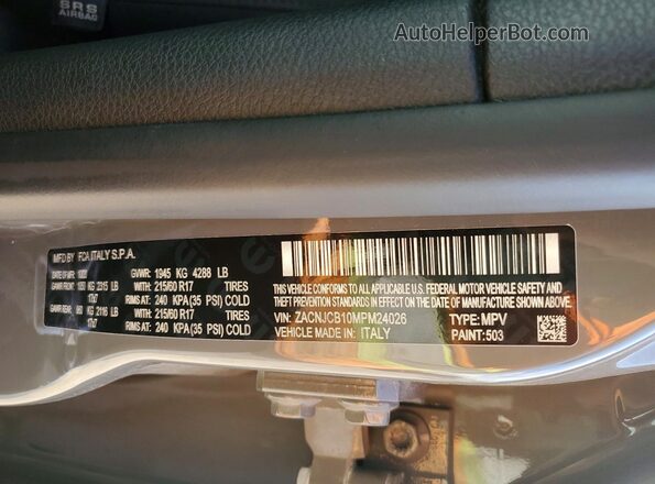 ZACNJCB10MPM24026 2021 JEEP RENEGADE Gray VIN კოდის სტიკერის ხედი