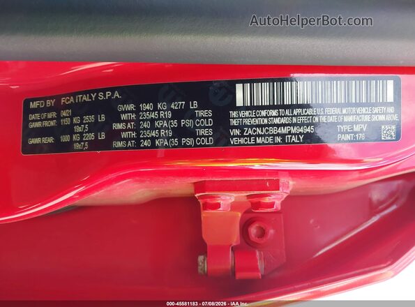 ZACNJCBB4MPM94945 2021 JEEP RENEGADE Red Engine compartment view