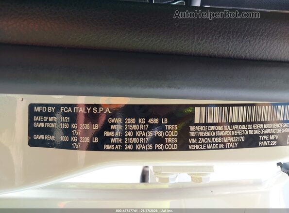 ZACNJDBB1MPN32170 2021 JEEP RENEGADE White Вид підкапотного простору