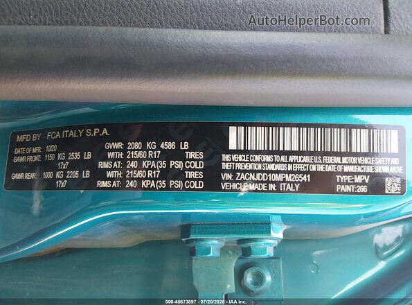 ZACNJDD10MPM26541 2021 JEEP RENEGADE Бирюзовый Вид подкапотного пространства