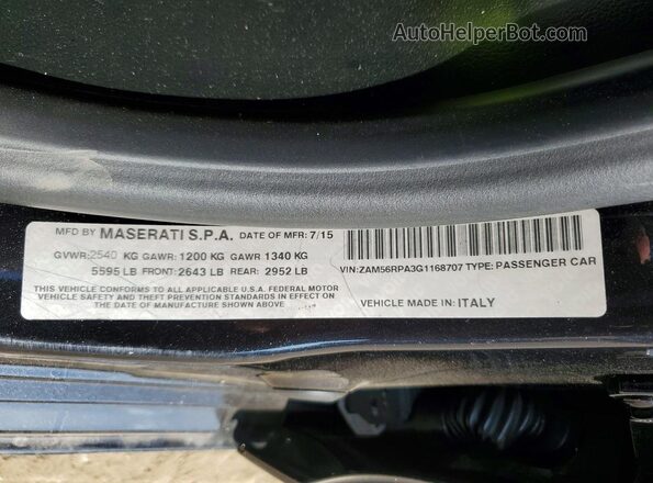 ZAM56RPA3G1168707 2016 MASERATI QUATTROPOR Black Вид наклейки з VIN-кодом