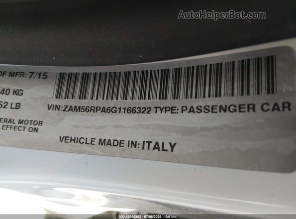 ZAM56RPA6G1166322 2016 MASERATI QUATTROPOR White Vista del compartimento del motor
