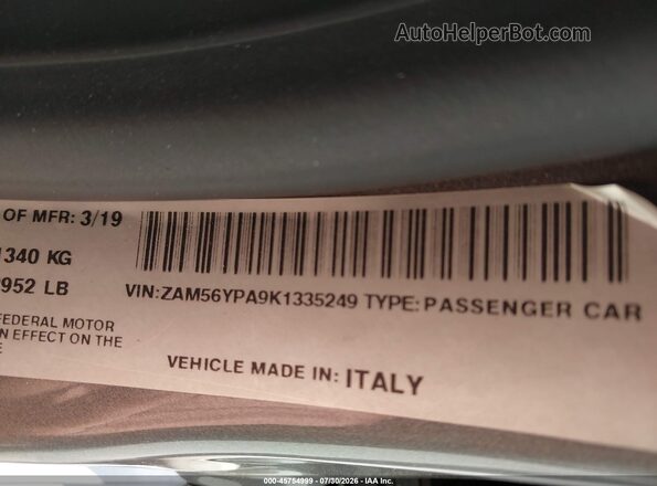 ZAM56YPA9K1335249 2019 MASERATI QUATTROPOR Gray Vista del compartimento del motor