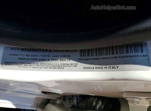 ZAM57XSA2G1167816 2016 MASERATI GHIBLI Белый Вид наклейки с VIN-кодом