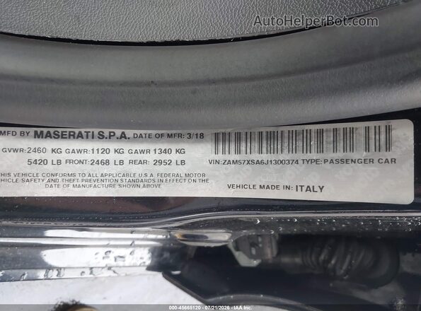 ZAM57XSA6J1300374 2018 MASERATI GHIBLI Черный Вид подкапотного пространства