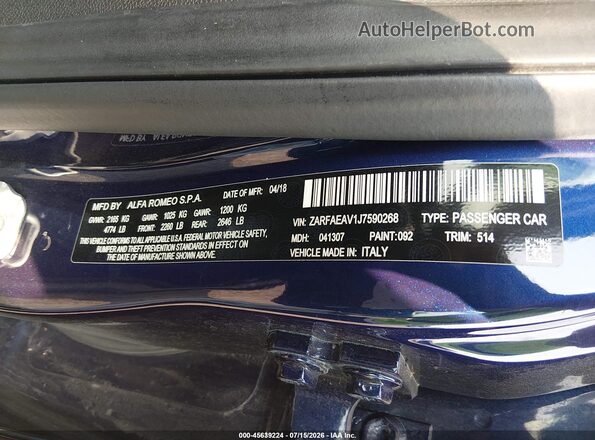 ZARFAEAV1J7590268 2018 ALFA ROMEO GIULIA Blue Engine compartment view