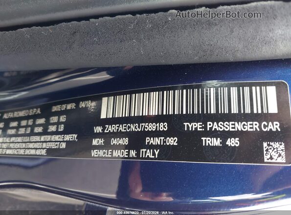 ZARFAECN3J7589183 2018 ALFA ROMEO GIULIA Синий Вид подкапотного пространства