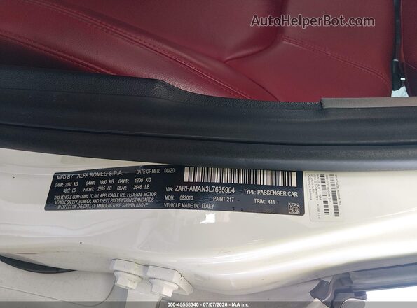 ZARFAMAN3L7635904 2020 ALFA ROMEO GIULIA Белый Вид подкапотного пространства