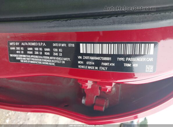 ZARFAMAN4K7598991 2019 ALFA ROMEO GIULIA Red Вид підкапотного простору
