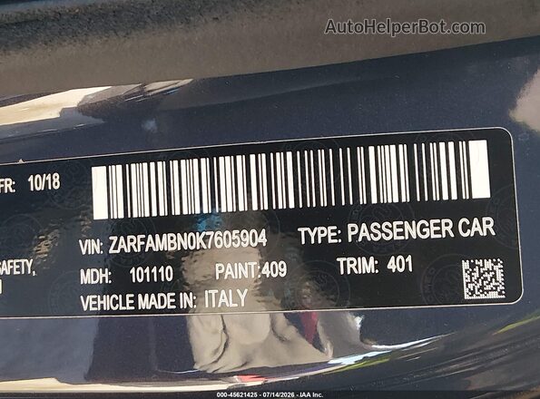ZARFAMBN0K7605904 2019 ALFA ROMEO GIULIA Gray ძრავის განყოფილების ხედი