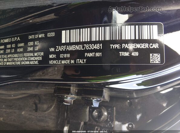 ZARFAMBN0L7630481 2020 ALFA ROMEO GIULIA Black ძრავის განყოფილების ხედი