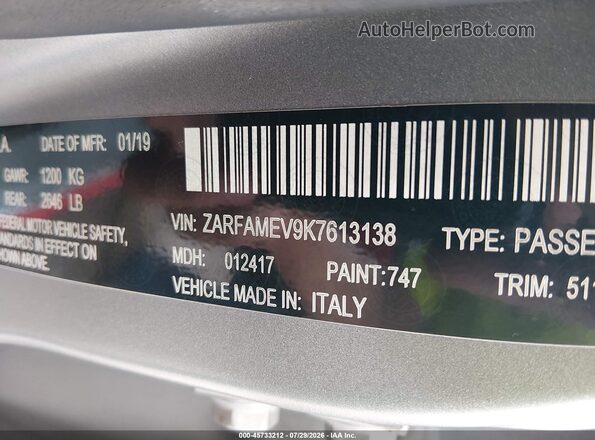 ZARFAMEV9K7613138 2019 ALFA ROMEO GIULIA Gray Вид підкапотного простору