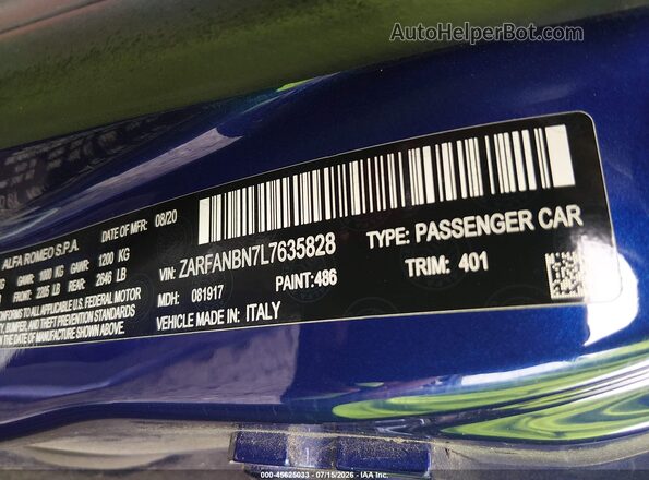 ZARFANBN7L7635828 2020 ALFA ROMEO GIULIA Dark Blue Вид подкапотного пространства