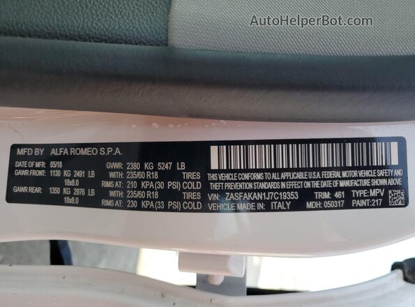 ZASFAKAN1J7C19353 2018 ALFA ROMEO STELVIO White Vista de la etiqueta del VIN