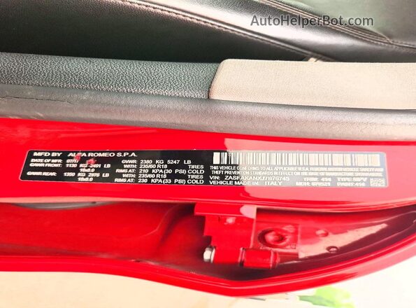 ZASFAKANXJ7B76745 2018 ALFA ROMEO STELVIO Red VIN կոդի պիտակի տեսք