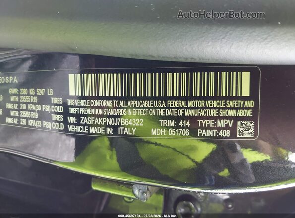 ZASFAKPN0J7B64322 2018 ALFA ROMEO STELVIO Black Շարժիչի բաժամունքի տեսք