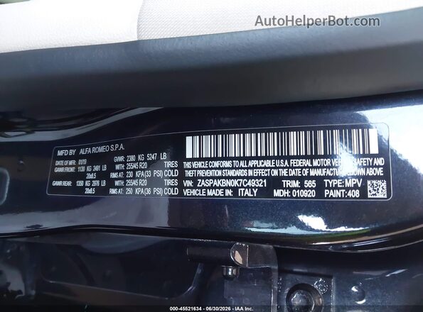 ZASPAKBN0K7C49321 2019 ALFA ROMEO STELVIO Черный Вид подкапотного пространства