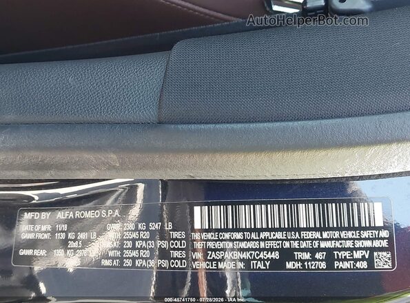 ZASPAKBN4K7C45448 2019 ALFA ROMEO STELVIO Black Vista del compartimento del motor