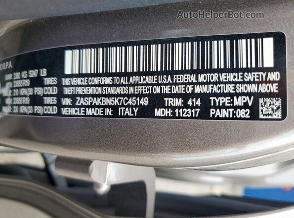 ZASPAKBN5K7C45149 2019 ALFA ROMEO STELVIO Tan Widok naklejki z numerem VIN