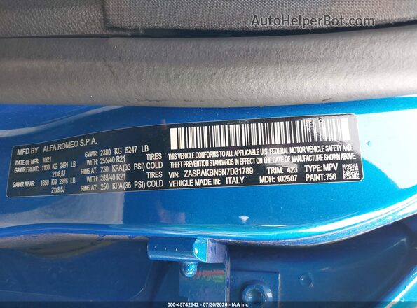ZASPAKBN5N7D31789 2022 ALFA ROMEO STELVIO Blue ძრავის განყოფილების ხედი