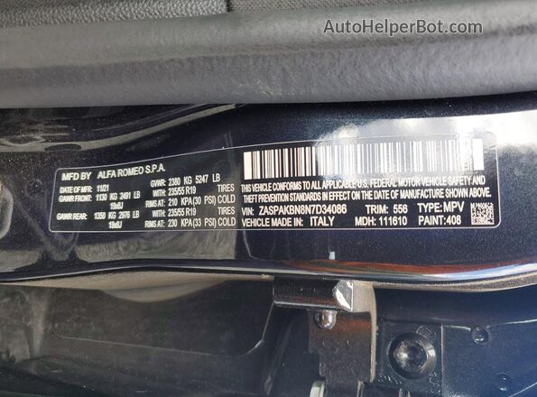 ZASPAKBN8N7D34086 2022 ALFA ROMEO STELVIO Black VIN կոդի պիտակի տեսք