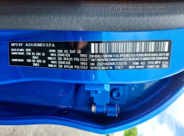 ZASPAKBN9K7C52170 2019 ALFA ROMEO STELVIO Blue VIN sticker view