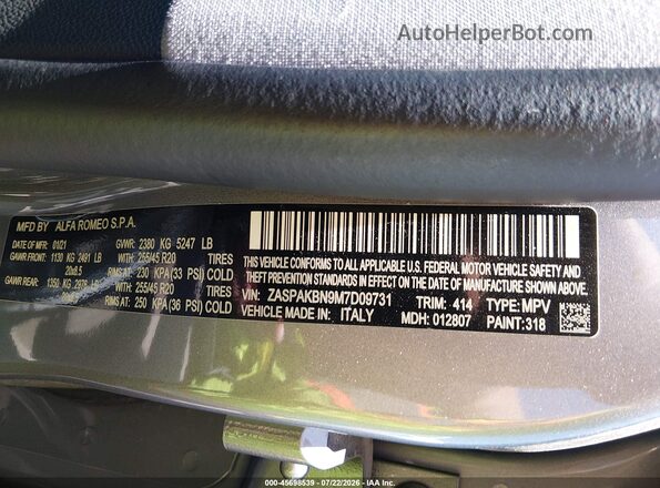 ZASPAKBN9M7D09731 2021 ALFA ROMEO STELVIO Gray Вид підкапотного простору