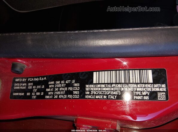 ZFBCFXCT2GP354973 2016 FIAT 500X Красный Вид подкапотного пространства