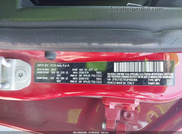 ZFBCFXET4GP400364 2016 FIAT 500X Red Շարժիչի բաժամունքի տեսք