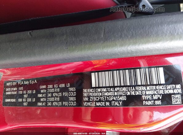 ZFBCFYET1GP415460 2016 FIAT 500X Red Շարժիչի բաժամունքի տեսք