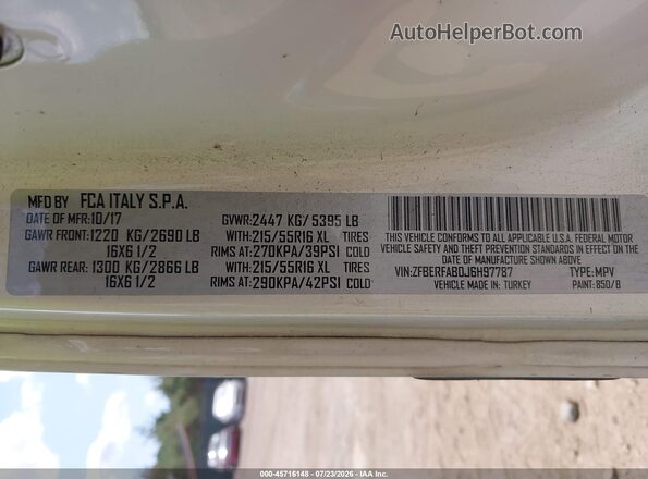 ZFBERFAB0J6H97787 2018 RAM PROMASTER CITY White Вид підкапотного простору