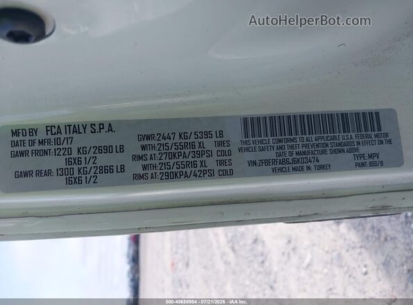ZFBERFAB6J6K03474 2018 RAM PROMASTER CITY White Вид підкапотного простору