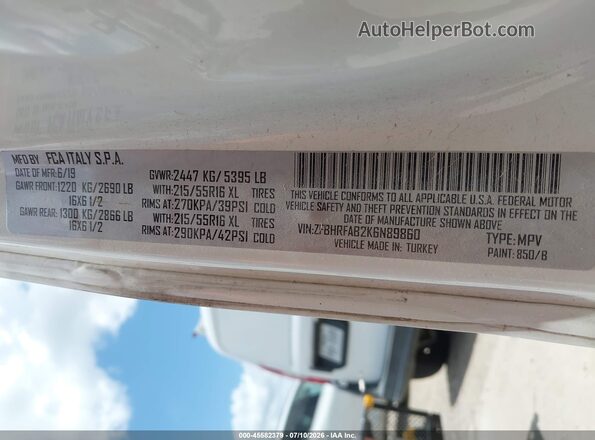 ZFBHRFAB2K6N89860 2019 RAM PROMASTER CITY White Vista del compartimento del motor