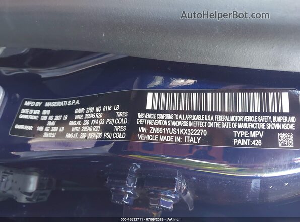 ZN661YUS1KX322270 2019 MASERATI LEVANTE Blue Widok komory silnika