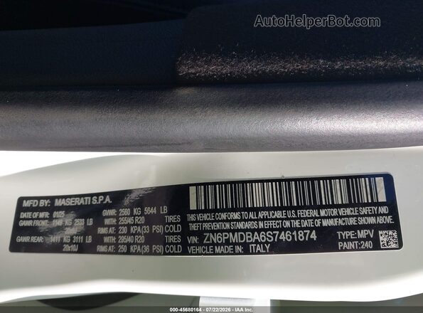 ZN6PMDBA6S7461874 2025 MASERATI GRECALE Белый Вид подкапотного пространства