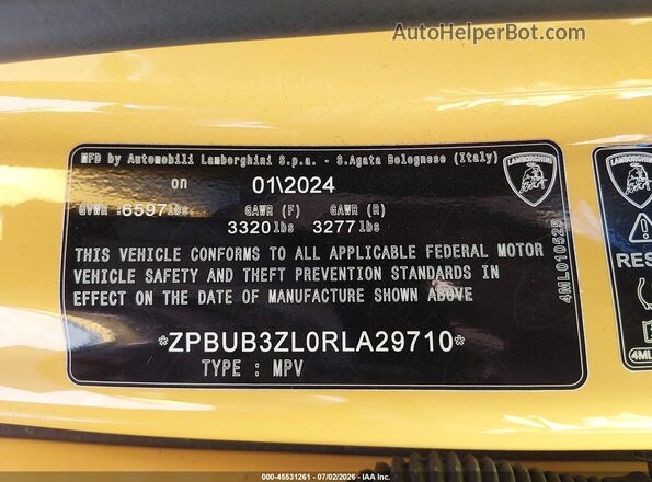ZPBUB3ZL0RLA29710 2024 LAMBORGHINI URUS Желтый Вид подкапотного пространства