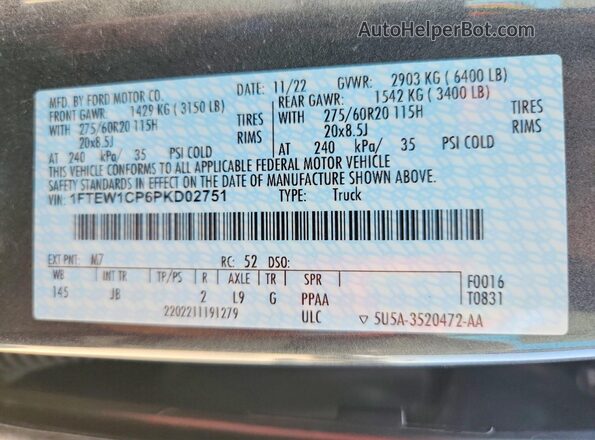 1FTEW1CP6PKD02751 2023 FORD F150 Gray Панорамний вид салону 360°