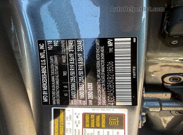 4JGDA5GB5KB218506 2019 MERCEDES-BENZ GLE-CLASS Gray Vista de la etiqueta del VIN